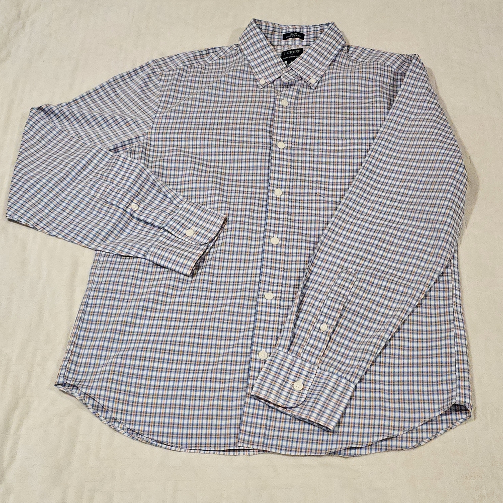 J. Crew Men's Blue and White Checkered Button Down Shirt